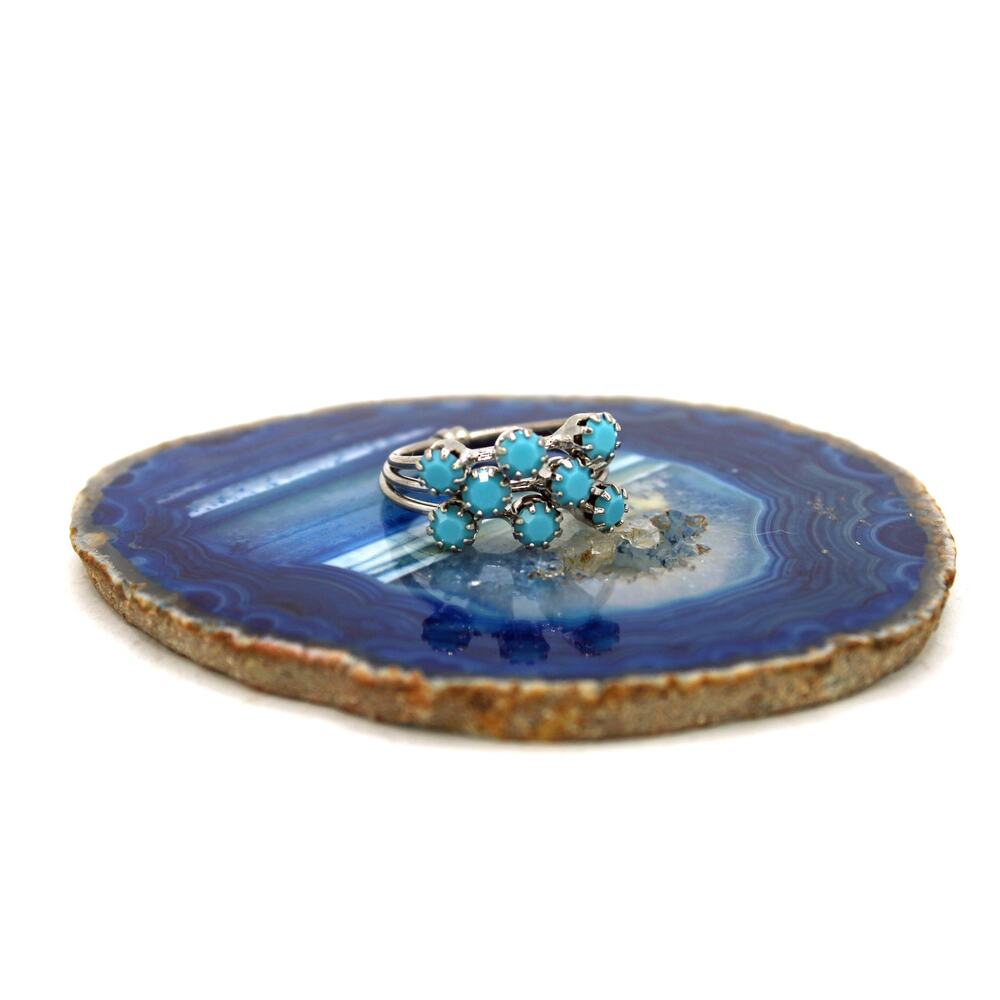 Silver-tone Turquoise Colored Glass 3 Band Cluster Ring